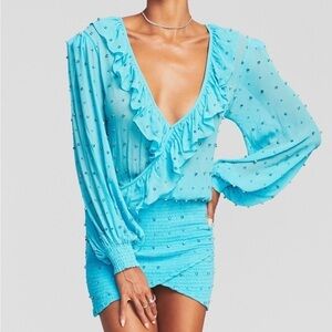 RETROFETE Lennon Embellished Silk Chiffon Dress On Blue Atoll